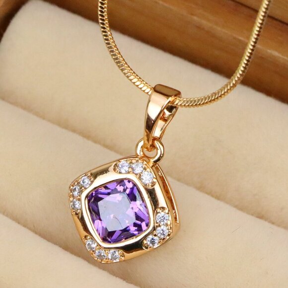 "Purple Cushion Stone Pendant in Gold Plated Brass with Crystal Halo, XPPT1770 - Picture 1 of 13